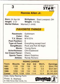 1992 Jockey Star #3 Ronnie Allen Jr. Back